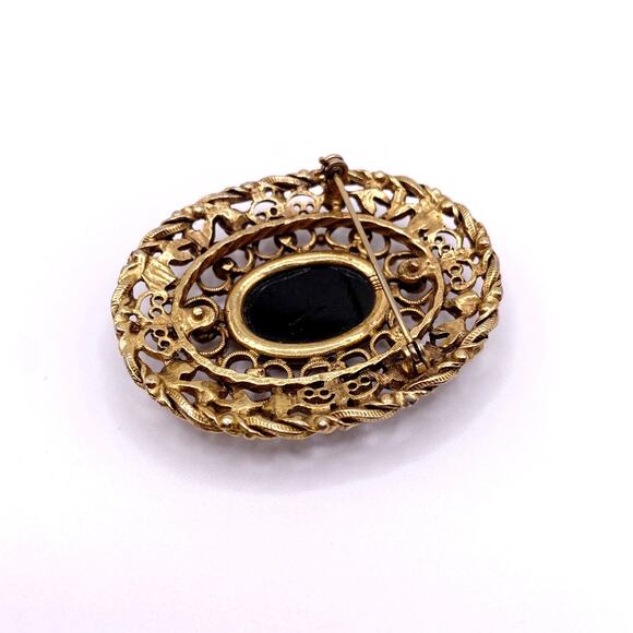Vintage Large Brooch With Obsidian Stone Floral Design Gold Tone Filigree - Picture 7 of 7
